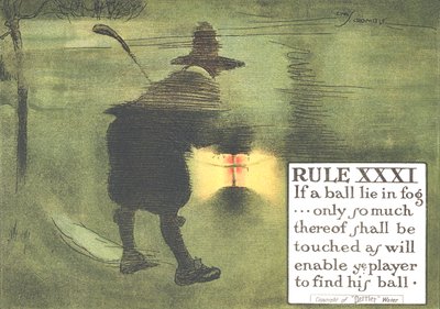 Regel XXXI: Als een bal in de mist ligt... mag alleen zoveel daarvan worden aangeraakt als nodig is om de speler in staat te stellen zijn bal te vinden, uit 